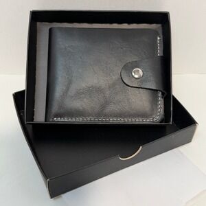 Genuine Black Leather Bifold Wallet with Coin Pocket Snap Closure Made in Turkey